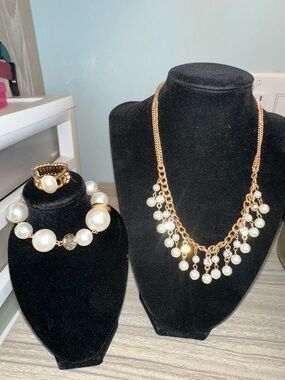 Gold-Tone Pearl Drop Necklace and Bracelet Set - White Pearls